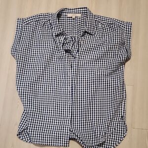 LOFT Navy and White Gingham Button-Down Cap Sleeve Shirt